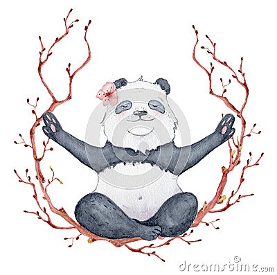 Panda bear sitting in lotus position with sakura wreath, Cute yoga animal illustration Cartoon Illustration