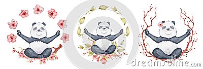 Panda bear sitting in lotus position with sakura wreath, Cute yoga animal illustration Cartoon Illustration