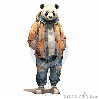 Hyper-realistic Urban Panda Illustration In Vintage Watercolor Style Stock Photo