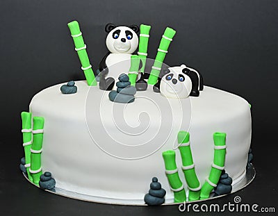 Panda bears fondant birthday cake Stock Photo