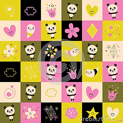 Panda bears hearts flowers nature pattern Vector Illustration