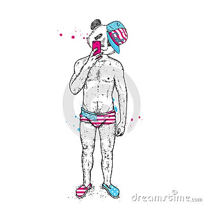 Panda with a beautiful male body in swimming trunks and shoes. A guy takes pictures of himself on a smartphone in the mirror. Vect Vector Illustration