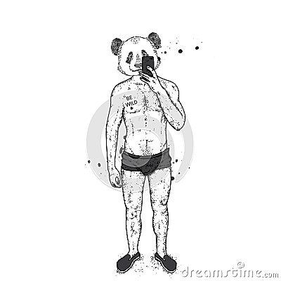 Panda with a beautiful male body in swimming trunks and shoes. A guy takes pictures of himself on a smartphone in the mirror. Vect Vector Illustration