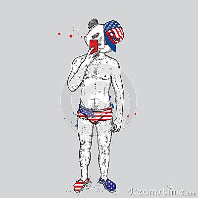 Panda with a beautiful male body in swimming trunks and shoes. A guy takes pictures of himself on a smartphone in the mirror. Vect Vector Illustration