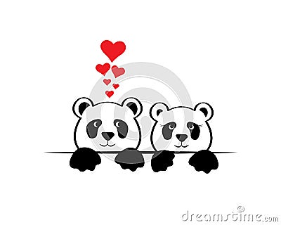 Two panda cartoon character behind the wall in love with red hearts, vector Vector Illustration