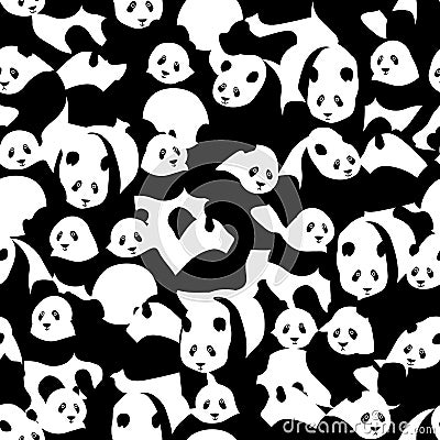 Panda black white many seamless pattern Vector Illustration