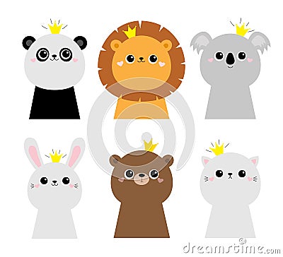 Panda bunny rabbit hare lion koala bear cat face head icon set. Kids print poster, t-shirt. Cute kawaii cartoon funny baby Vector Illustration