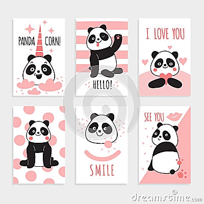 Panda cards. Cute chinese bears, happy panda with magic accessories, birthday party invitations. Colorful print cartoon Vector Illustration