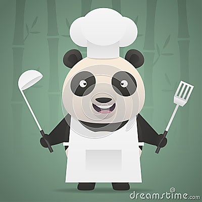 Panda chef holds soup ladle and shovel Vector Illustration