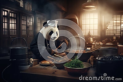 Panda chef's in uniform cook a food at restaurant's kitchen. Stock Photo
