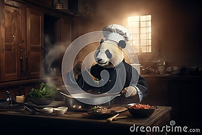 Panda chef's in uniform cook a food at restaurant's kitchen. Stock Photo