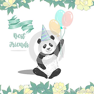 Panda clip art drawing animal illustration cute animal greeting birthday celebration card black bear funny frames Stock Photo