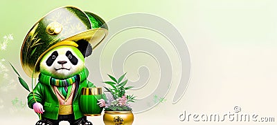 Panda Cute Animal in Green Patrick's day hat. Happy St patricks day background banner Generative AI. Cartoon Illustration