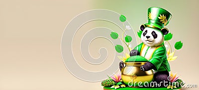 Panda Cute Animal in Green Patrick's day hat. Happy St patricks day background banner Generative AI. Stock Photo