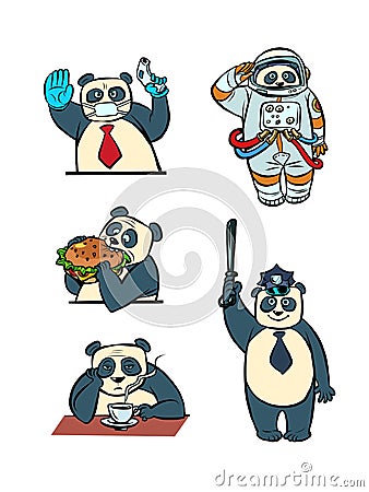 Panda different characters taikonaut police doctor businessman collection set character, cute animal Vector Illustration