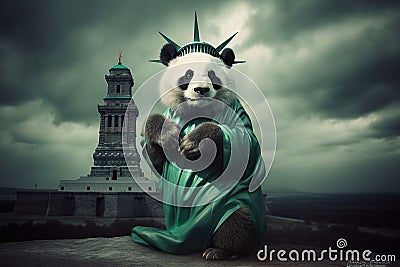 panda dressed as statue of liberty. War China and USA Stock Photo