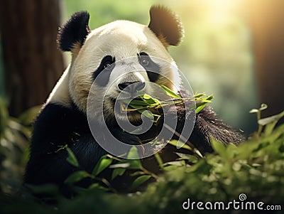 Panda eating bamboo. Wildlife scene from China nature. of Giant Panda feeding bamboo tree in forest. habitat Cartoon Illustration