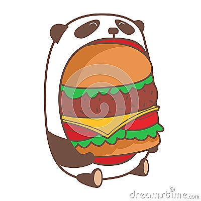 Panda eating huge burger. Vector Illustration