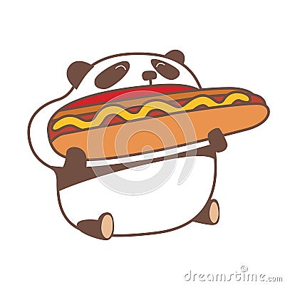 Panda eating huge hot dog. Vector Illustration