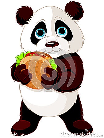 Panda eats hamburger Vector Illustration