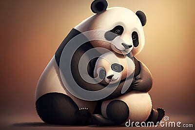Panda family cartoon animals love care mother bear Stock Photo