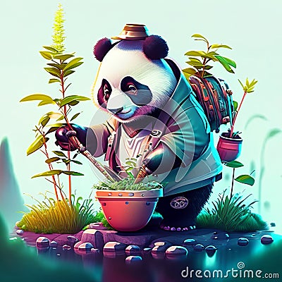 Panda gardener is planting panda in a pot. Vector illustration generative AI Cartoon Illustration