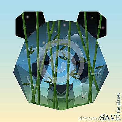 Panda head with bamboo on the night sky background. onceptual illustration on the theme of protection of nature and animals Vector Illustration