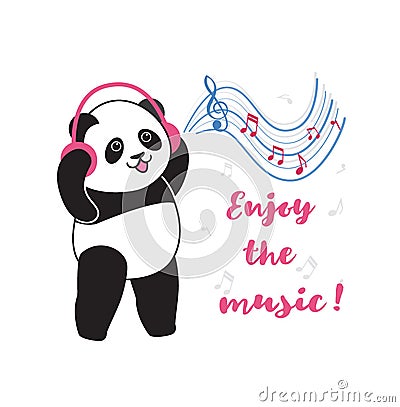 Panda with headphones listening to music Vector Illustration