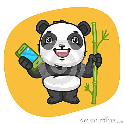 Panda Holds Bamboo and Phone Vector Illustration