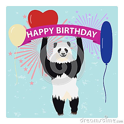 Panda holds a congratulatory ribbon with balloons against the background of fireworks. Cartoon Illustration
