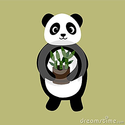 Panda holds pot with bamboo Cartoon Illustration