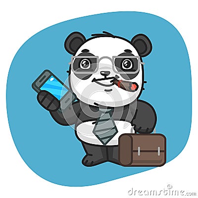 Panda Holds Suitcase and Phone Vector Illustration