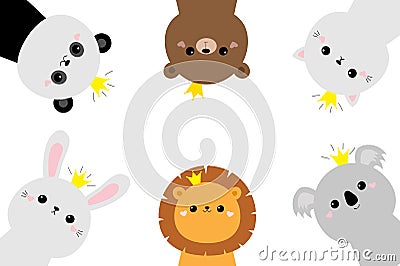 Panda, koala bear lion cat bunny rabbit hare face head set. Cute kawaii cartoon funny baby character. Golden crown. Scandinavian Vector Illustration