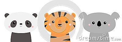 Panda, koala, tiger. Cute animal icon set. Kawaii cartoon character. Funny head face. Happy Valentines Day. Baby greeting card Vector Illustration