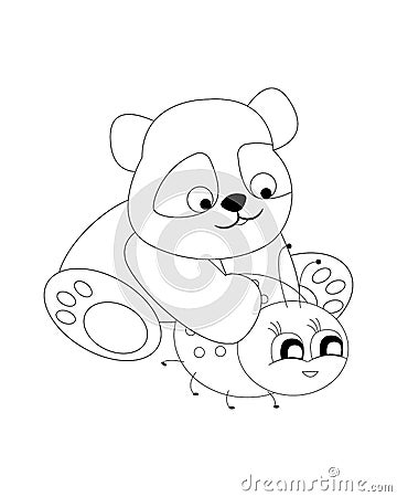 Panda and ladybug coloring page. Vector Illustration