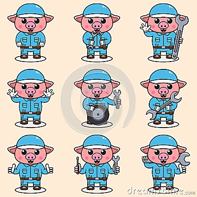 Mascot cartoon of cute Pig wearing mechanic uniform and cap Vector Illustration