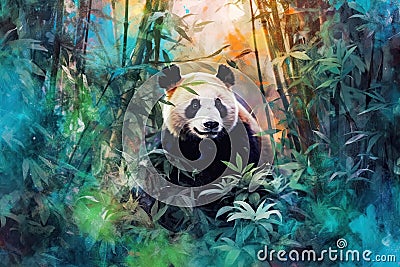 panda nestled among a vibrant watercolor bamboo forest. soft, pastel colors for the bamboo stalks and leaves Stock Photo