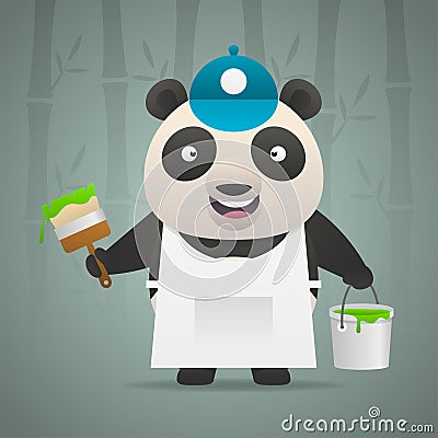 Panda painter holds brush bucket of paint Vector Illustration