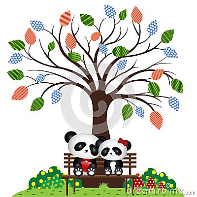 Panda in the park sitting on a bench under a tree Vector Illustration