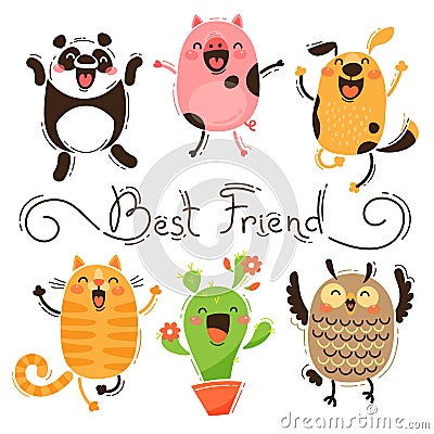Panda, Pig, Dog, Cat and Owl Best Friends. Isolated Vector Images of Funny Animals and Cactus. Happy Friendship Day Vector Illustration
