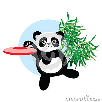 Panda plays flying disc. Vector Illustration