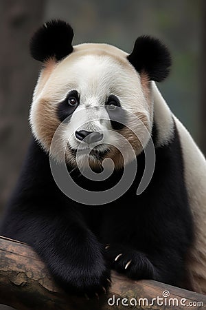 Panda portrait. Giant bamboo bear on a log. Wildlife. Animal muzzle close-up. Image is AI generated Stock Photo