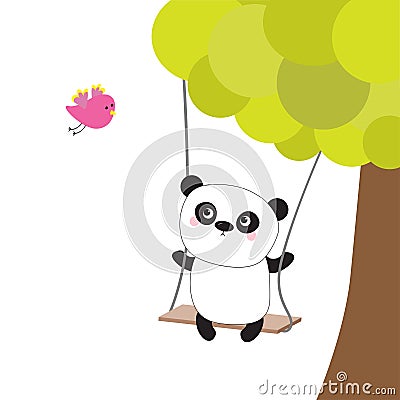 Panda ride on the swing. Green tree. Flying pink bird. Cute fat cartoon character. Kawaii baby collection. Love card. Flat design. Vector Illustration