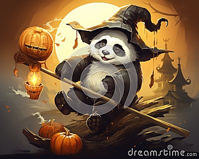 panda riding a broom. Stock Photo
