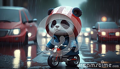 Panda riding a motorcycle in the rain. 3d illustration. Cartoon Illustration