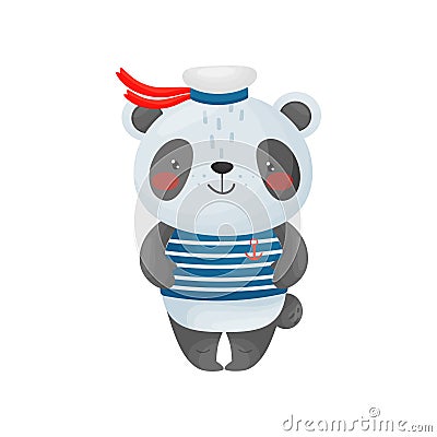 Panda sailor character in a cartoon style, in a blue white vest, badge and peakless cap. Vector Illustration