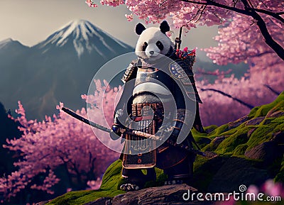 panda samurai and cherry blossoms on the mountain. Stock Photo