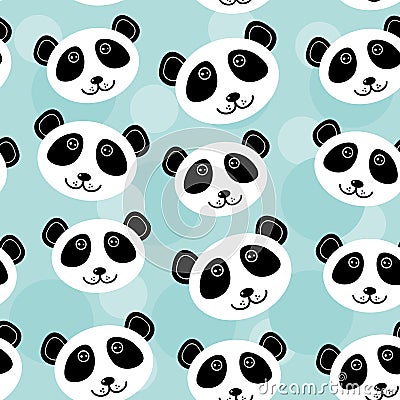 Panda Seamless pattern with funny cute animal face on a blue background. Vector Vector Illustration