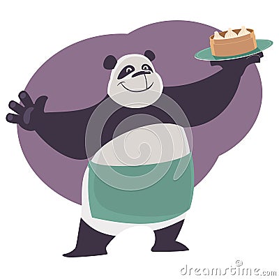 Panda shows a tray with Chinese food Dim Sum. Vector Illustration