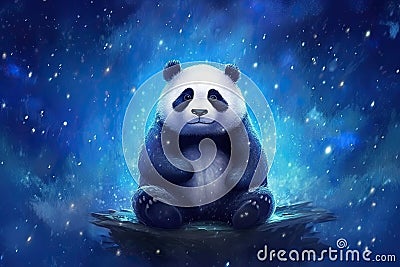 panda sitting under a starry night sky. dark blues and purples for the sky, the panda with a subtle, dream-like effect Stock Photo